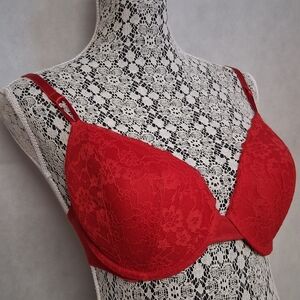 Victoria's Secret Lined Demi Bra 34DD Red Floral Lace